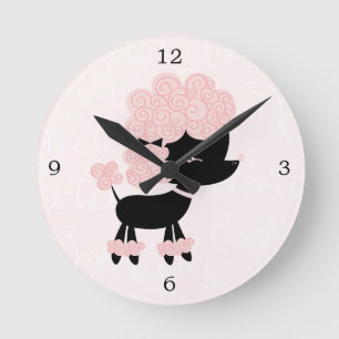 Cute Pink Cartoon French Poodle Runde Wanduhr