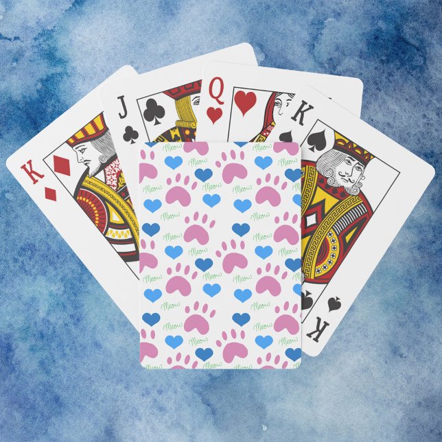 Cute Pink Cat Paw Prints Blue Hearts Meow Spielkarten (A deck of playing cards with a pattern of paw prints, hearts and meows.)
