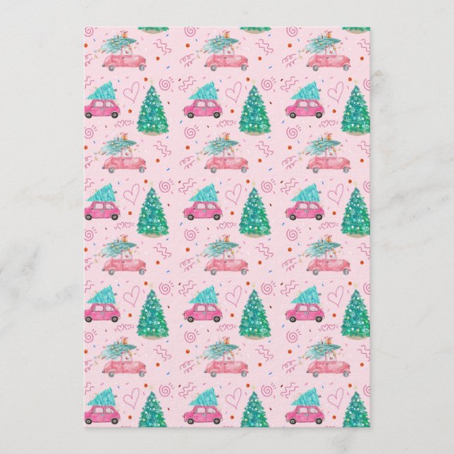 Cute Pink Christmas Car Tree Seamless Pattern Einladung (Vorderseite)