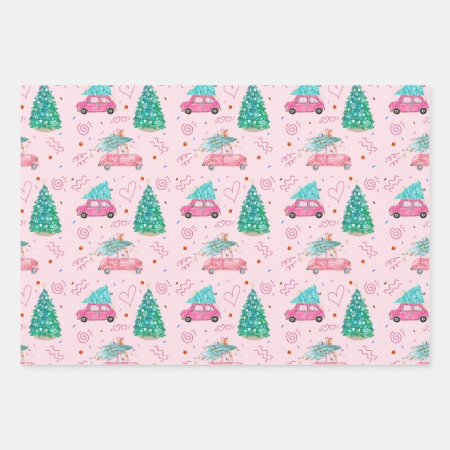 Cute Pink Christmas Car Tree Seamless Pattern Geschenkpapier Set (Vorderseite)
