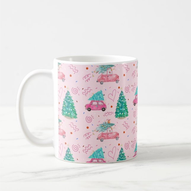 Cute Pink Christmas Car Tree Seamless Pattern Kaffeetasse (Links)