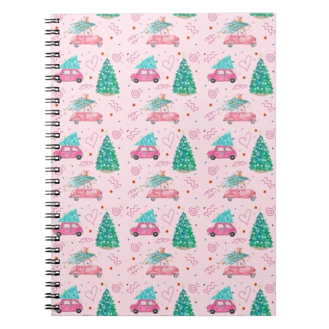 Cute Pink Christmas Car Tree Seamless Pattern Notizblock (Vorderseite)
