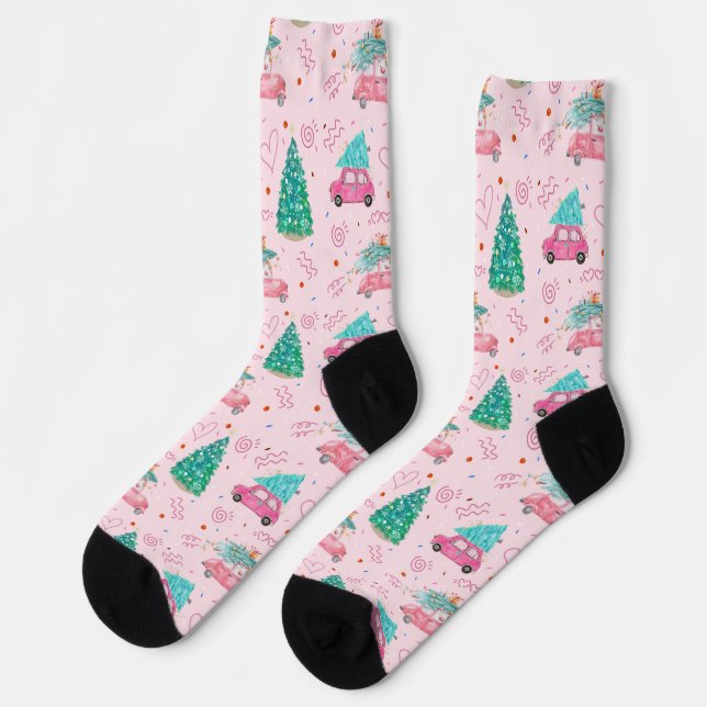 Cute Pink Christmas Car Tree Seamless Pattern Socken (Linkes Detail)