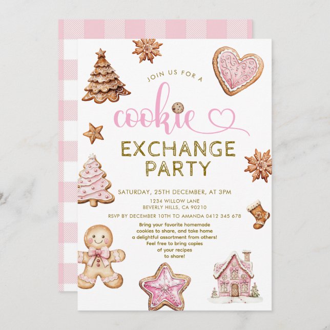 Cute Pink Christmas Cookie  Exchange Party  Einladung (Vorne/Hinten)