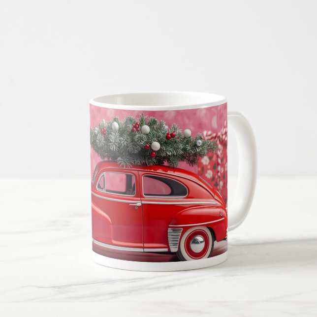 “Cute Pink Christmas Mug – Red Car & Tree Holiday  Kaffeetasse (VorderseiteRechts)