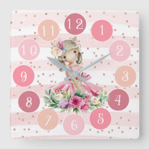 Cute Pink Clock with Watercolor Little Ballerina Quadratische Wanduhr