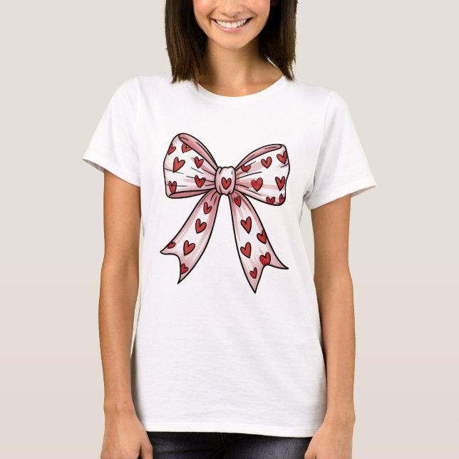 Cute Pink Coquette Bow with Red Hearts Valentine T-Shirt (Vorderseite)