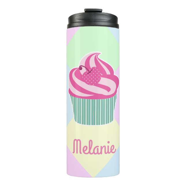 Cute Pink Cupcake Pastel Colors Personalised  Thermosbecher (Vorderseite)