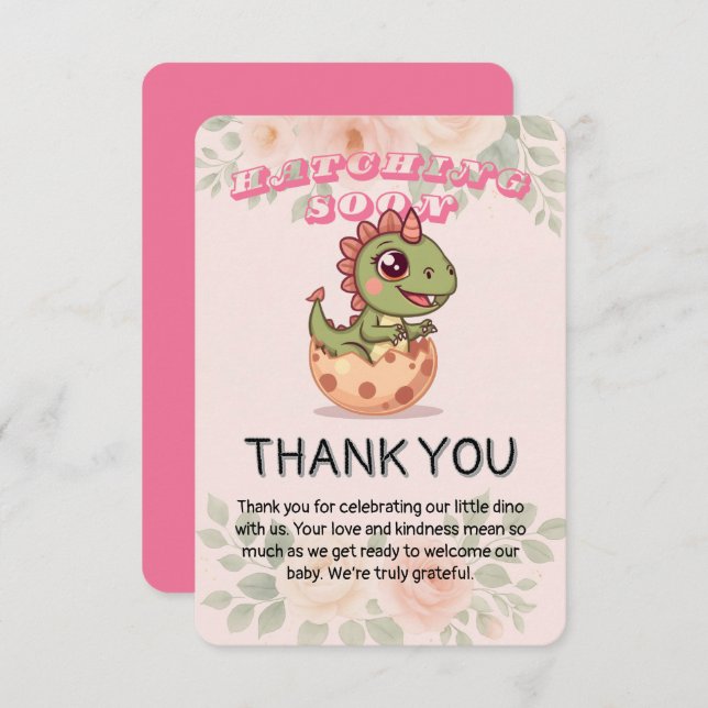 Cute Pink Dino Hatching Soon Dankeskarte (Vorne/Hinten)