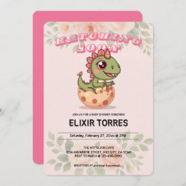 Cute Pink Dino Hatching Soon Einladung