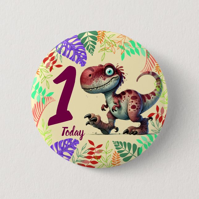 Cute Pink Dinosaur 1st Birthday Button (Vorderseite)