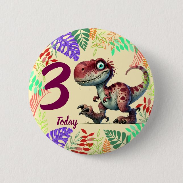 Cute Pink Dinosaur 3rd Birthday Button (Vorderseite)