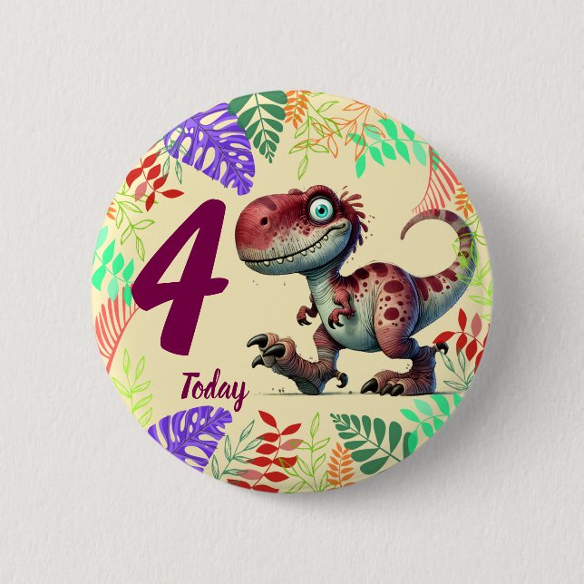 Cute Pink Dinosaur 4th Birthday Button (Vorderseite)