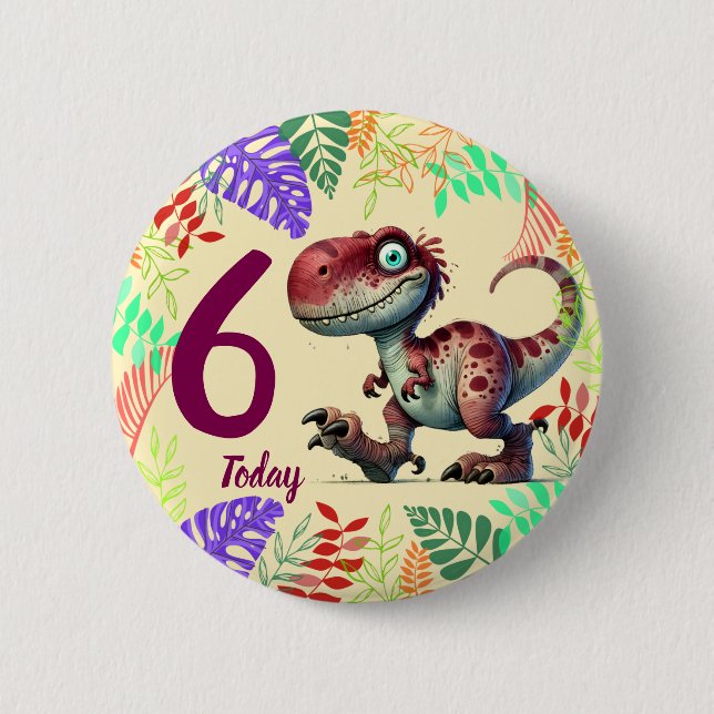 Cute Pink Dinosaur 6th Birthday Button (Vorderseite)