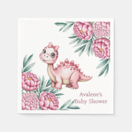 Cute Pink Dinosaur and Peony Baby Shower Serviette
