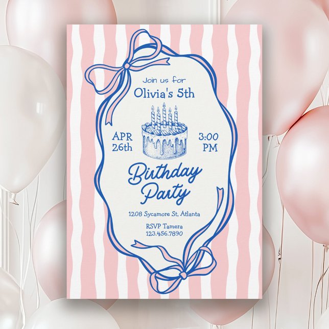 Cute Pink Doodle Frame and Bows 5th Birthday Einladung (Available in both printed and instant download digital formats.)