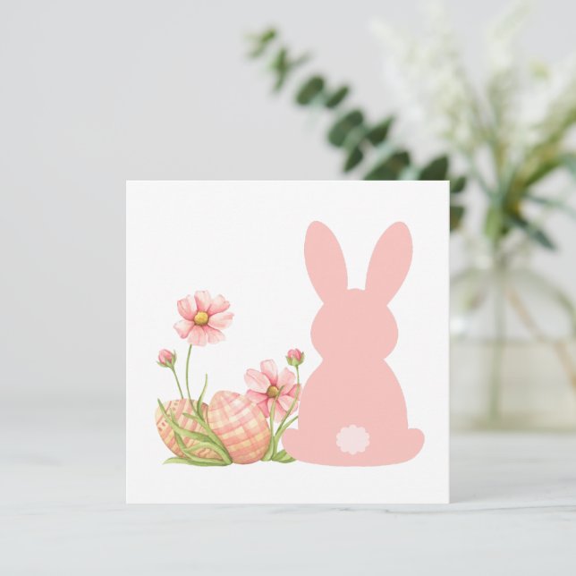 Cute Pink Easter Bunny with Spring Flowers  Dankeskarte (Stehend Vorderseite)