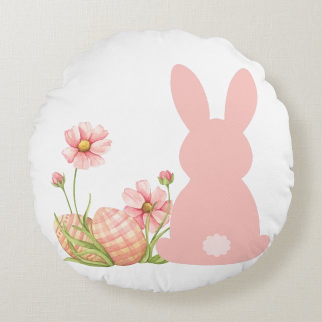 Cute Pink Easter Bunny with Spring Flowers  Rundes Kissen (Vorderseite)