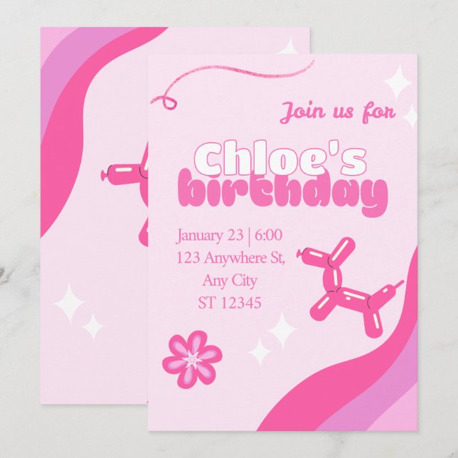 Cute pink editable birthday invite einladung (Vorne/Hinten)