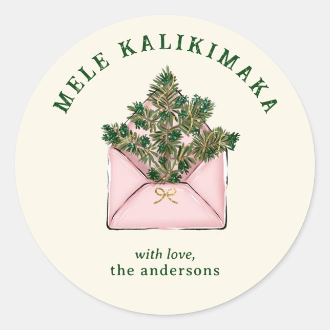 Cute Pink Envelope Holly Greenery Mele Kalikimaka  Runder Aufkleber (Vorderseite)