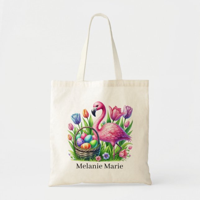 Cute pink flamingo Easter add name  Tragetasche (Vorne)