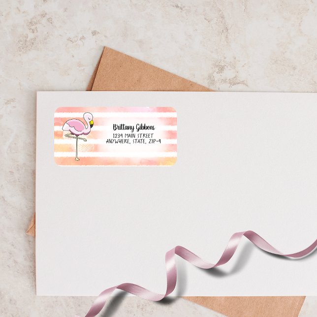 Cute Pink Flamingo Stripes Return Address Adressaufkleber (Von Creator hochgeladen)