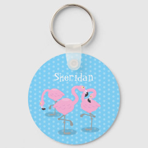 Cute pink flamingo trio cartoon illustration schlüsselanhänger