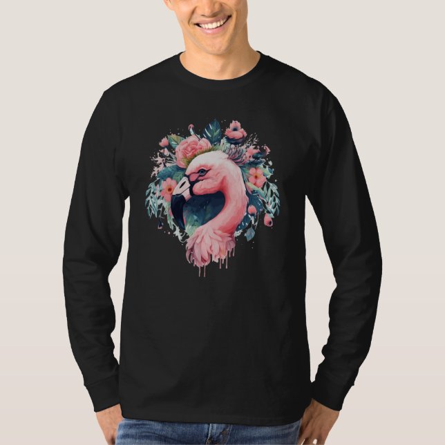 Cute Pink Flamingo Tropical Bird Flower Crown Flor T-Shirt (Vorderseite)