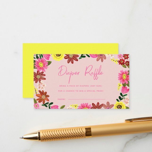 Cute Pink Floral Baby Shower Diaper Raffle Ticket Begleitkarte (Vorderseite/Rückseite Beispiel)