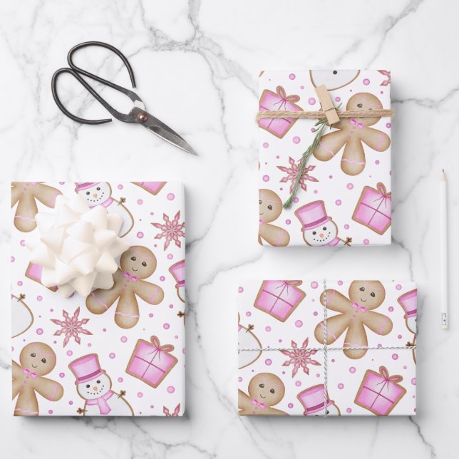 Cute Pink Girls Christmas Holiday Gingerbread Geschenkpapier Set (Vorderseite)