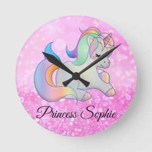 Cute pink glitter unicorn monogram runde wanduhr
