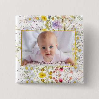 Cute Pink gold Floral Watercolor Baby Girl Photo Button