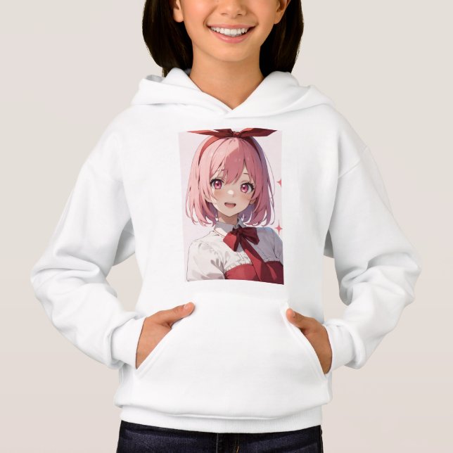 Cute Pink-Haired Anime Girl Illustration Hoodie (Vorderseite)