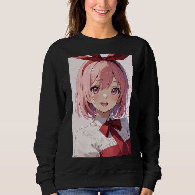 Cute Pink-Haired Anime Girl Illustration Sweatshirt (Vorderseite)