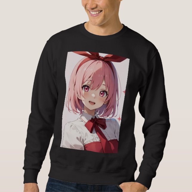 Cute Pink-Haired Anime Girl Illustration Sweatshirt (Vorderseite)