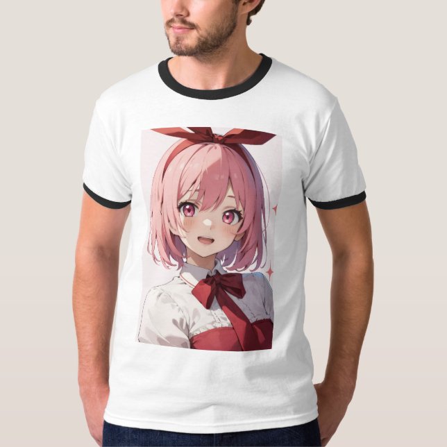 Cute Pink-Haired Anime Girl Illustration T-Shirt (Vorderseite)