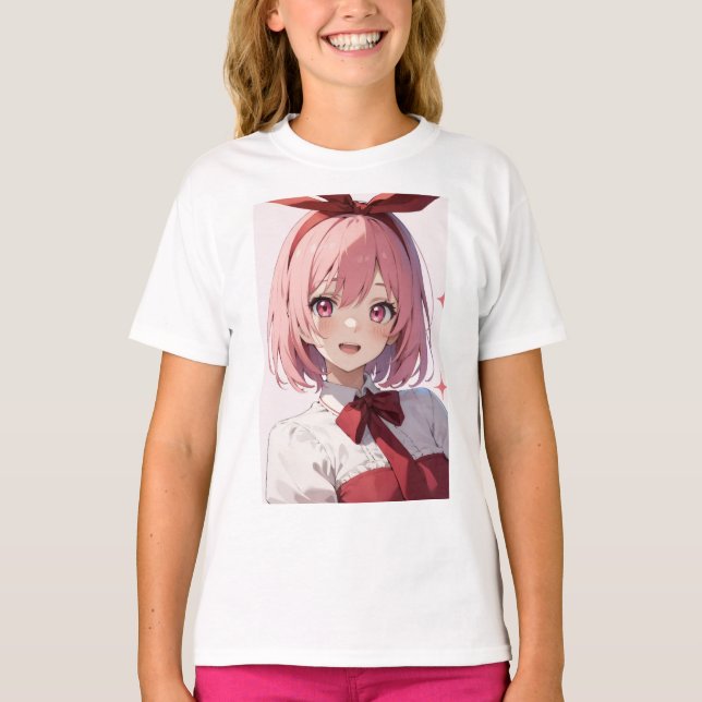 Cute Pink-Haired Anime Girl Illustration T-Shirt (Vorderseite)