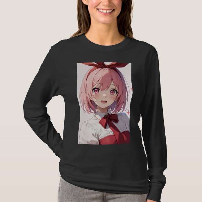 Cute Pink-Haired Anime Girl Illustration T-Shirt (Vorderseite)