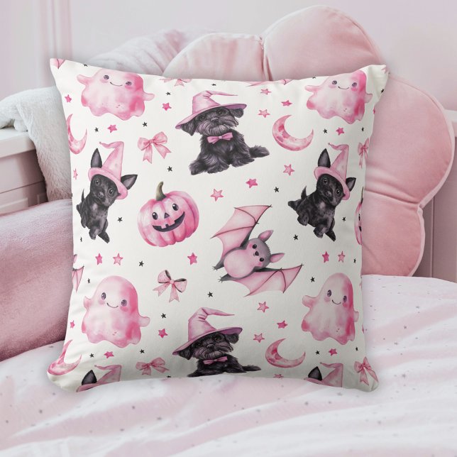 Cute Pink Halloween Ghosts & Dogs Throw Pillow Kissen (Cute Pink Halloween Ghosts & Dogs Throw Pillow)
