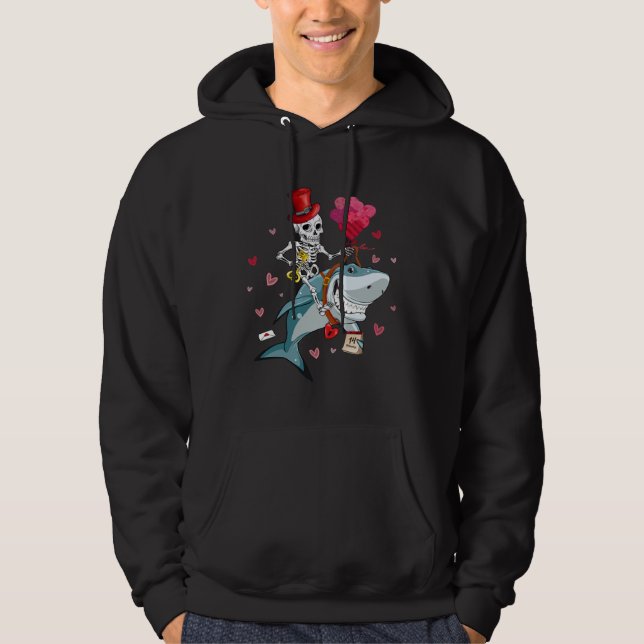 Cute Pink Heart Skeleton Riding Shark Valentines D Hoodie (Vorderseite)