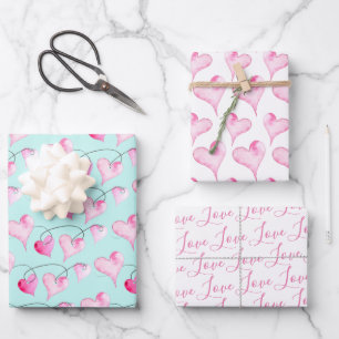 Cute Pink Hearts & Love Pattern Watercolor Geschenkpapier Set