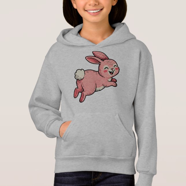 Cute Pink Hopping Bunny Rabbit Kids Hoodie (Vorderseite)