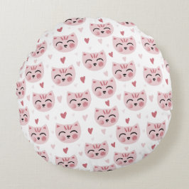 Cute Pink Kittens and Hearts Pattern for Kids Rundes Kissen