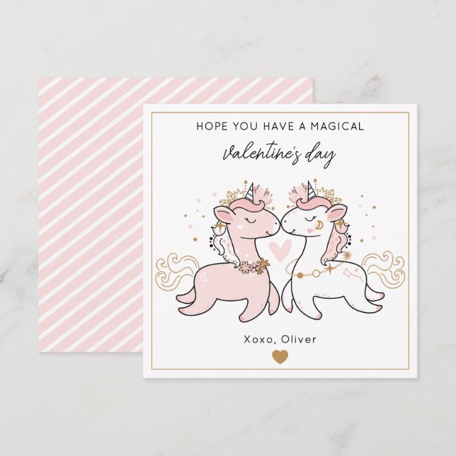 Cute Pink Magical Unicorn Kids Valentine's Day  Mitteilungskarte (Vorne/Hinten)