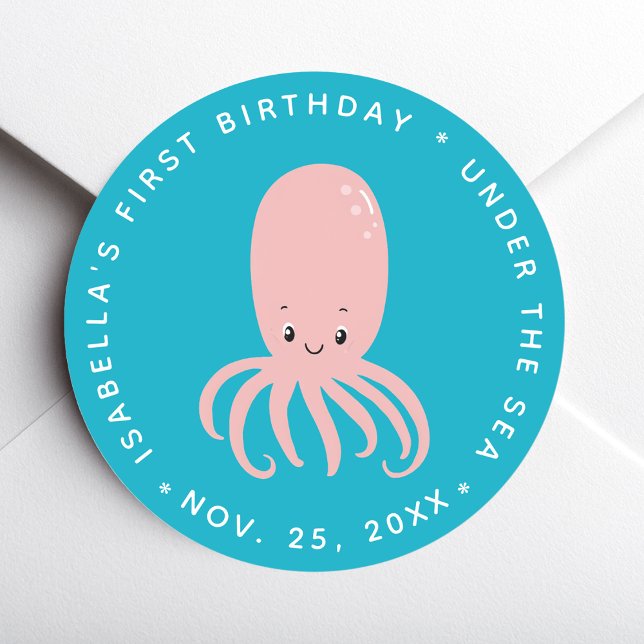 Cute Pink Octopus Under the Sea 1st Birthday Blue Runder Aufkleber (Von Creator hochgeladen)