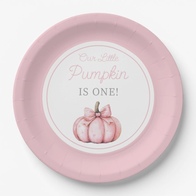 Cute Pink Our Little Pumpkin Girl First Birthday Pappteller (Vorderseite)