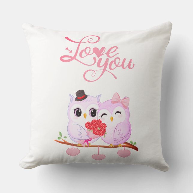 Cute Pink Owls Couple Valentine Heart  Kissen (Vorderseite)
