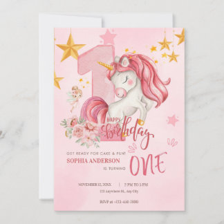 Cute Pink Pastel Unicorn 1st Birthday Invitation Einladung