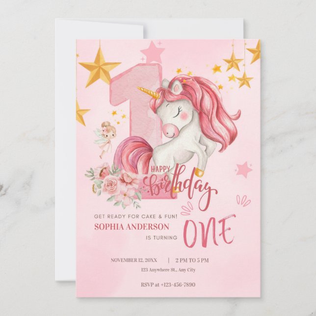 Cute Pink Pastel Unicorn 1st Birthday Invitation Einladung (Vorderseite)