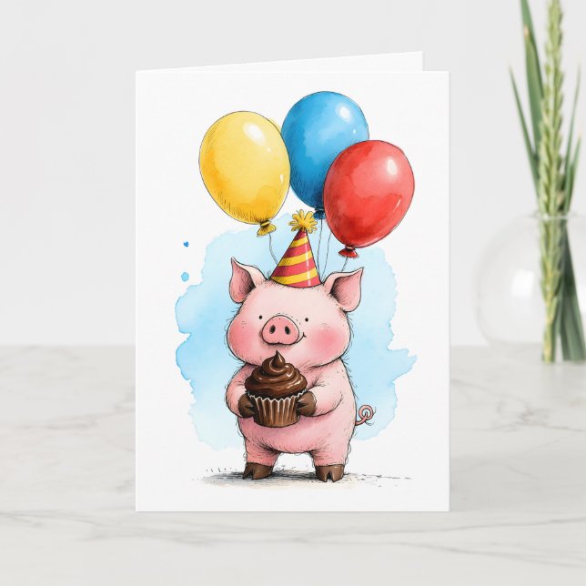 Cute Pink Pig with Cupcake Kid's Happy Birthday Karte (Vorderseite)